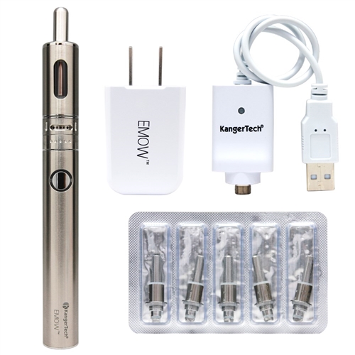 KangerTech EMOW Variable Voltage Starter Kit This is the starter kit for the Kanger EMOW. It has the latest variable voltage vaporizer produced by Kanger. It gives lots of power up to 1300mAh which is double what the EVOD is capable of. The voltage can adjusted so that you can set it to your favorite levels. You can choose between 3.7, 4.2 and 4.8 volts and the level is clearly shown by an LED light. The tank that comes with it can hold up to 1.8ml of liquid. The tube is pyrex glass so it does not take on a flavor and there is even a way to adjust the airflow. It has built in safety features such as having to click five times to switch it on and off, short circuit protection, cuts off after the power button is pressed for ten seconds and shuts off if the voltage goes below 3.2 volts. You can choose between black and stainless steel colors for your kit. Kit Includes: 1X EMOW Variable Voltage battery (3.7V-4.8V 1300mah) 1X EMOW clearomizer(1.8ml, airflow controller) 5X Upgrade Dual Coil Atomizers (1.5ohm) 1X USB Charging Cable USB AC Wall Adapter